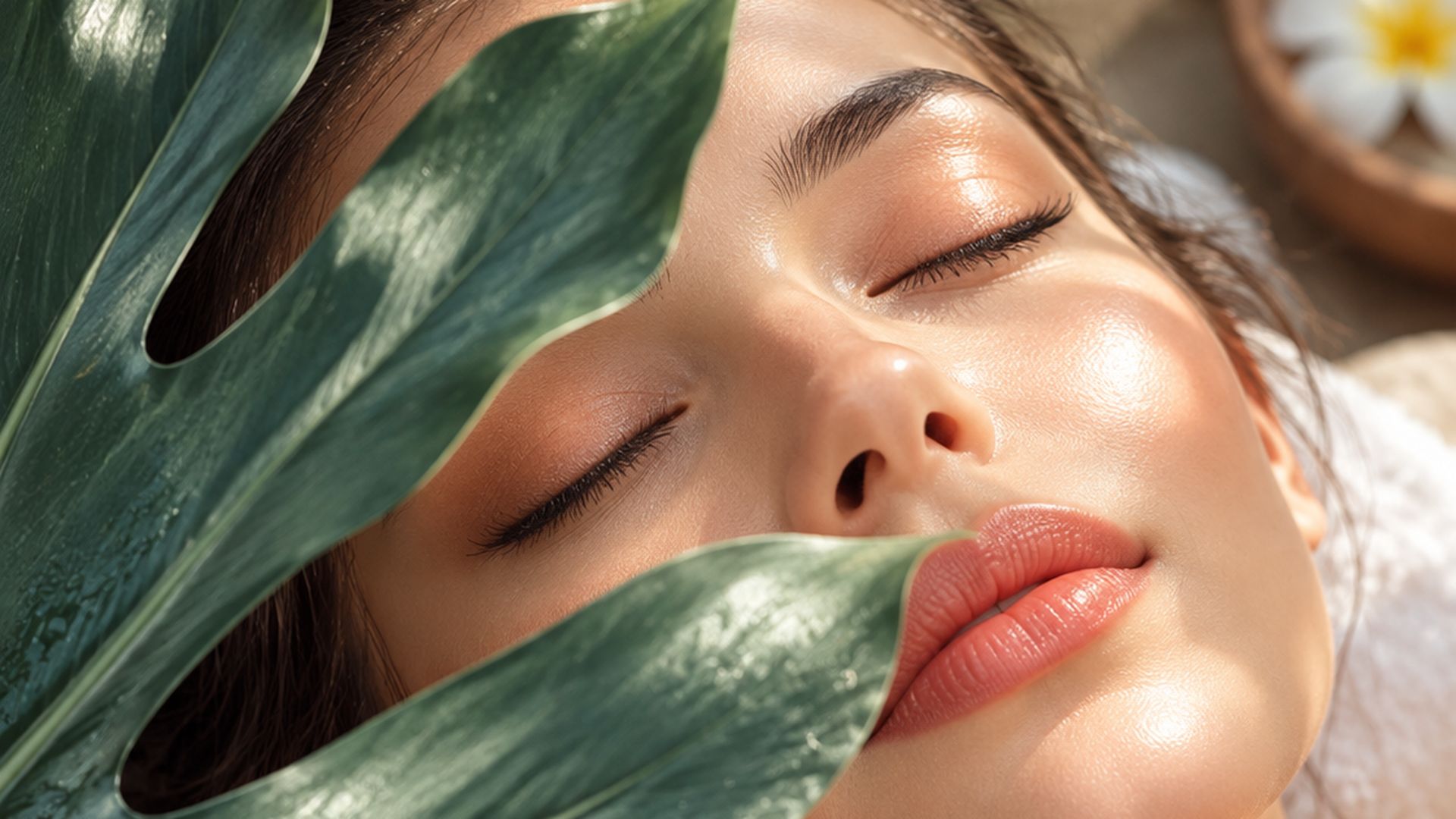 A client with luminous skin resting beneath a tropical leaf