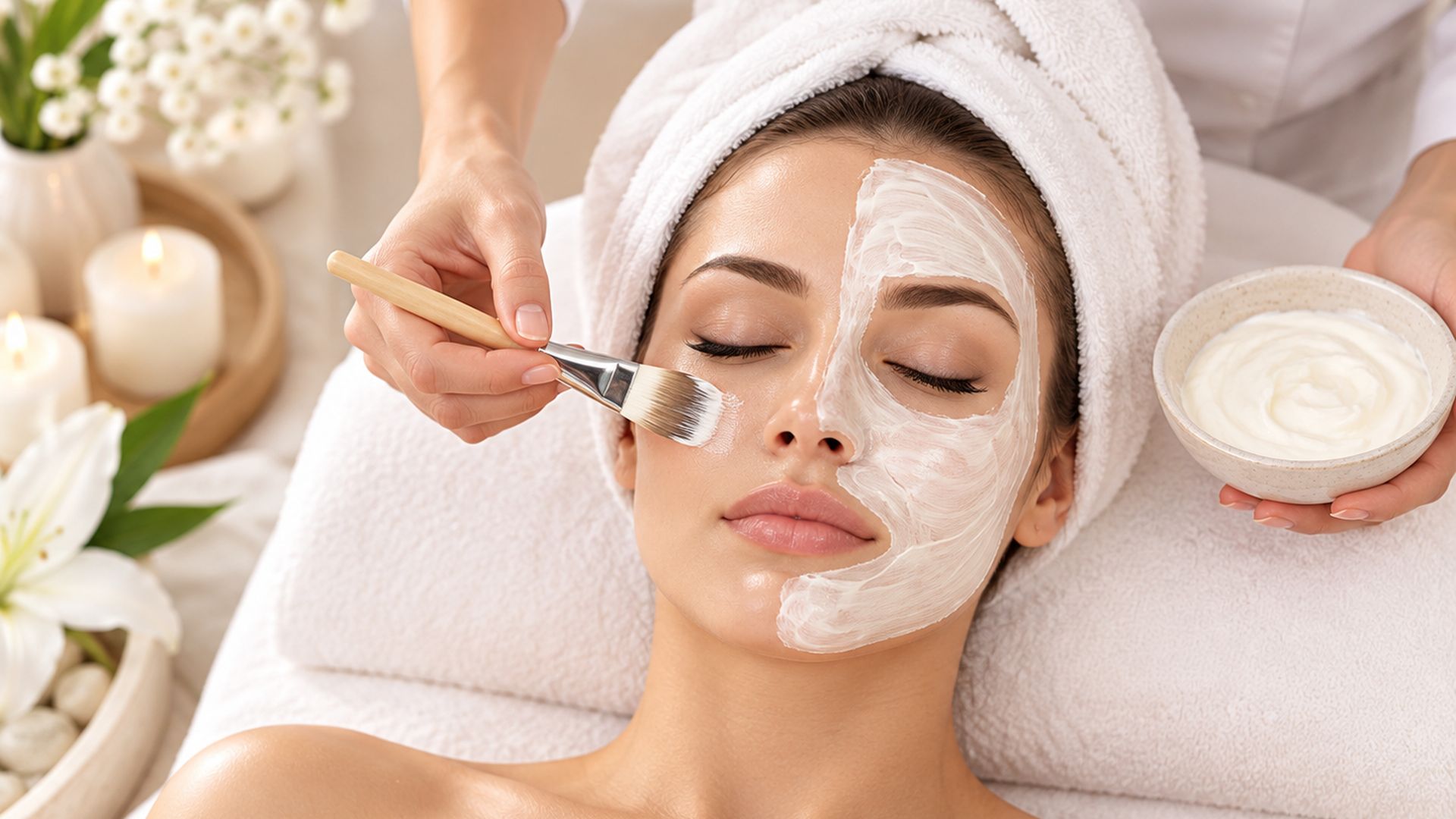 A therapist painting a cream mask onto a relaxed client