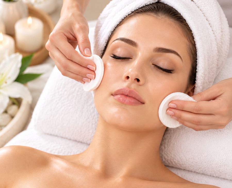 A therapist cleansing a client's skin with soft cotton pads