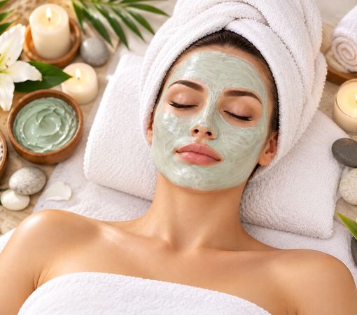 A client relaxing under a clay mask