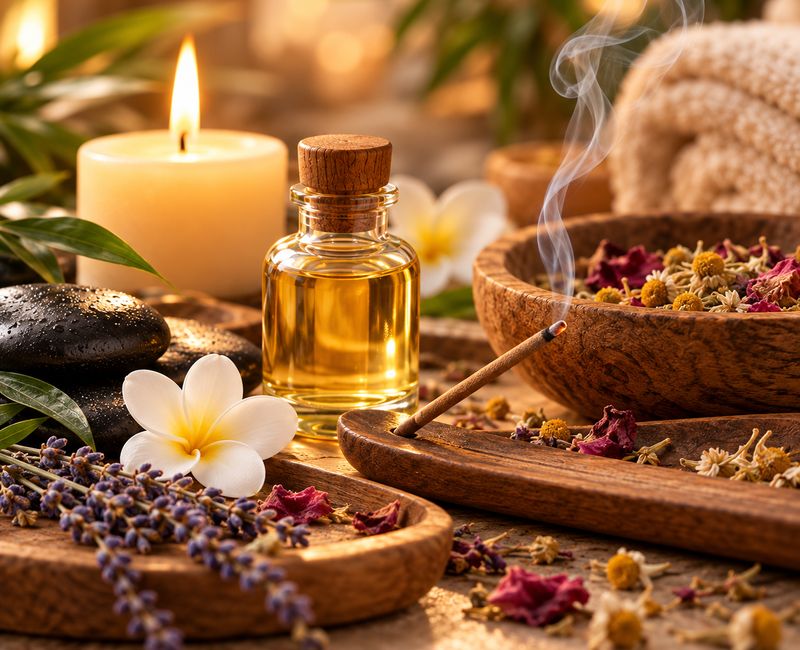 Warm oil, a candle and dried flowers laid out for a treatment